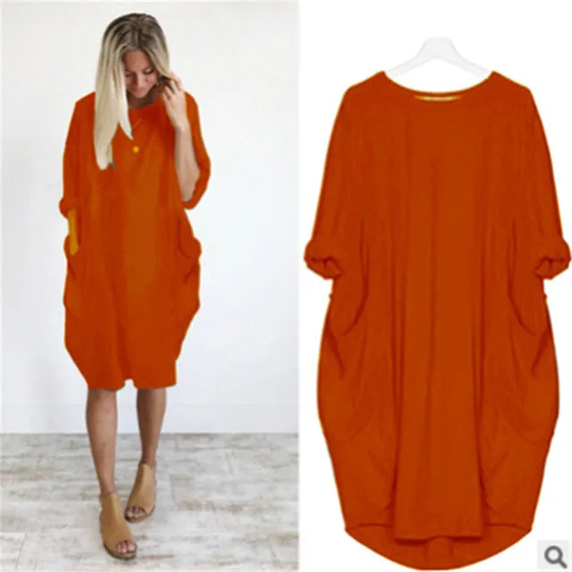 Women's Oversized Cotton Midi Dress – Long Sleeve Casual Relaxed Fit