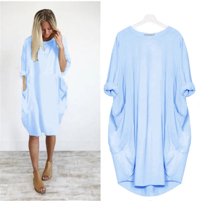 Women's Oversized Cotton Midi Dress – Long Sleeve Casual Relaxed Fit