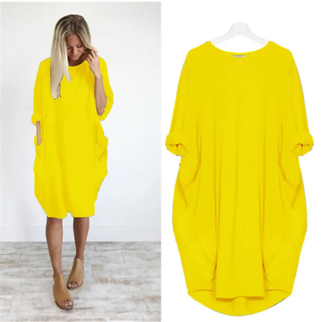 Women's Oversized Cotton Midi Dress – Long Sleeve Casual Relaxed Fit