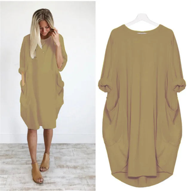 Women's Oversized Cotton Midi Dress – Long Sleeve Casual Relaxed Fit