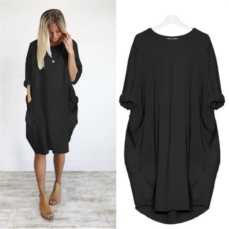 Women's Oversized Cotton Midi Dress – Long Sleeve Casual Relaxed Fit