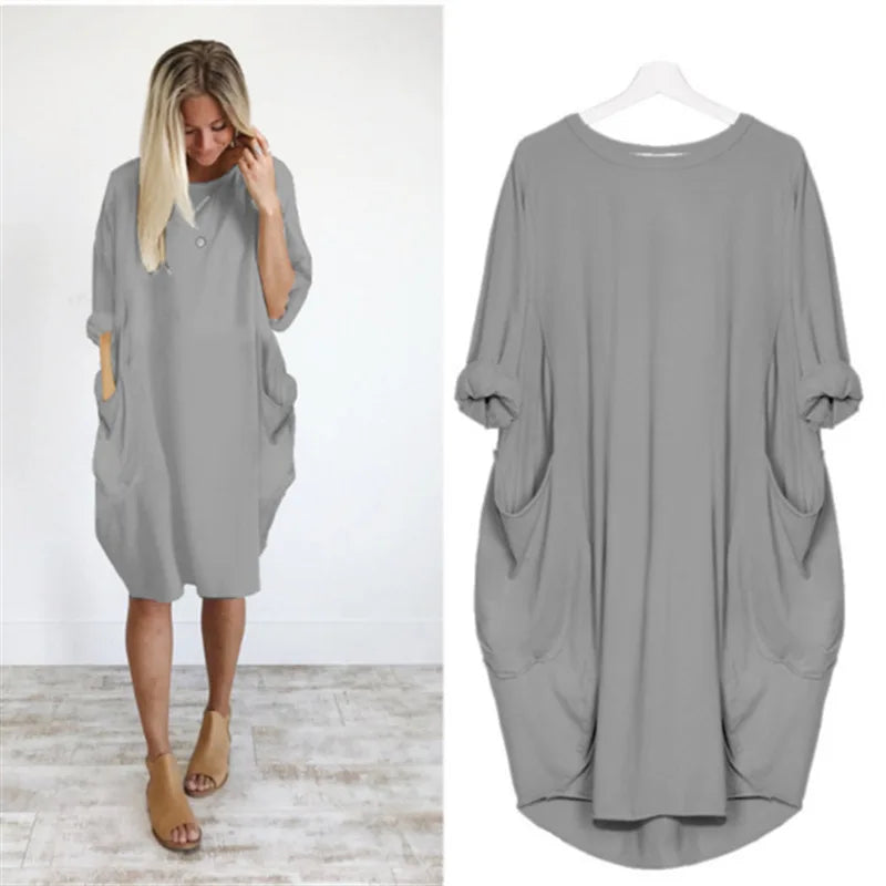 Women's Oversized Cotton Midi Dress – Long Sleeve Casual Relaxed Fit