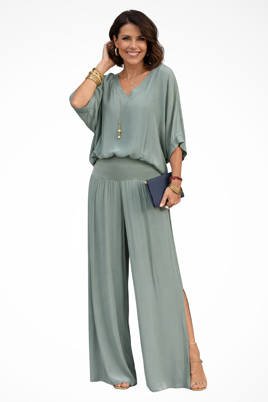 Women's Layered Top and Wide Leg Trousers Set – Elegant Style