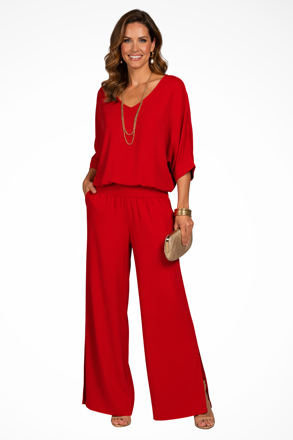 Women's Layered Top and Wide Leg Trousers Set – Elegant Style