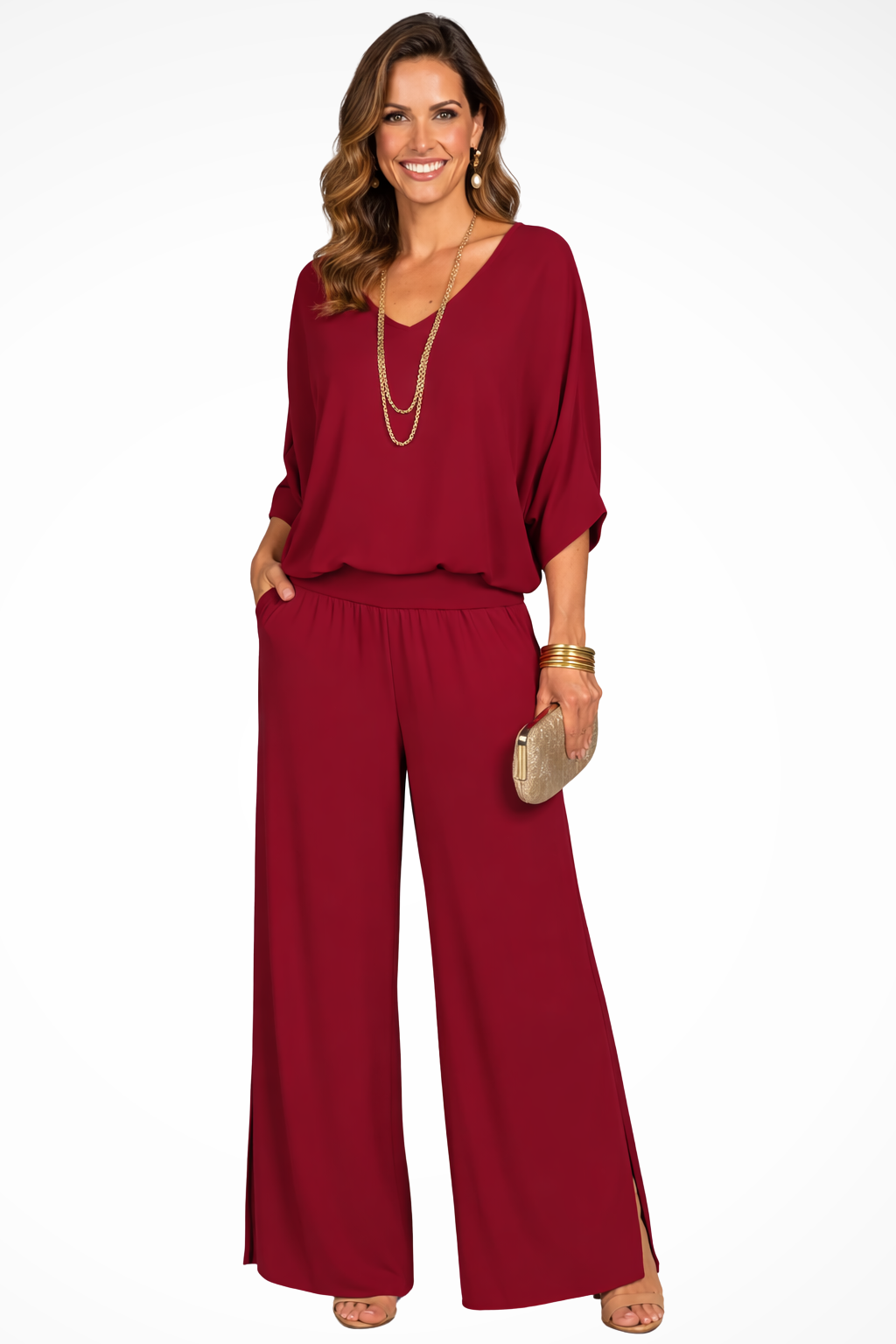 Women's Layered Top and Wide Leg Trousers Set – Elegant Style