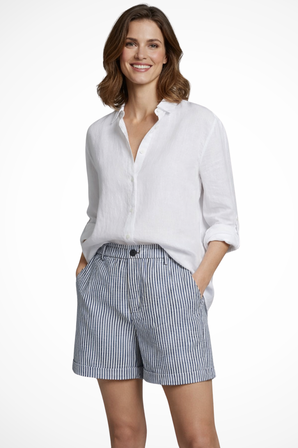 Women's Tailored Striped Shorts – High Waist Button Detail Style