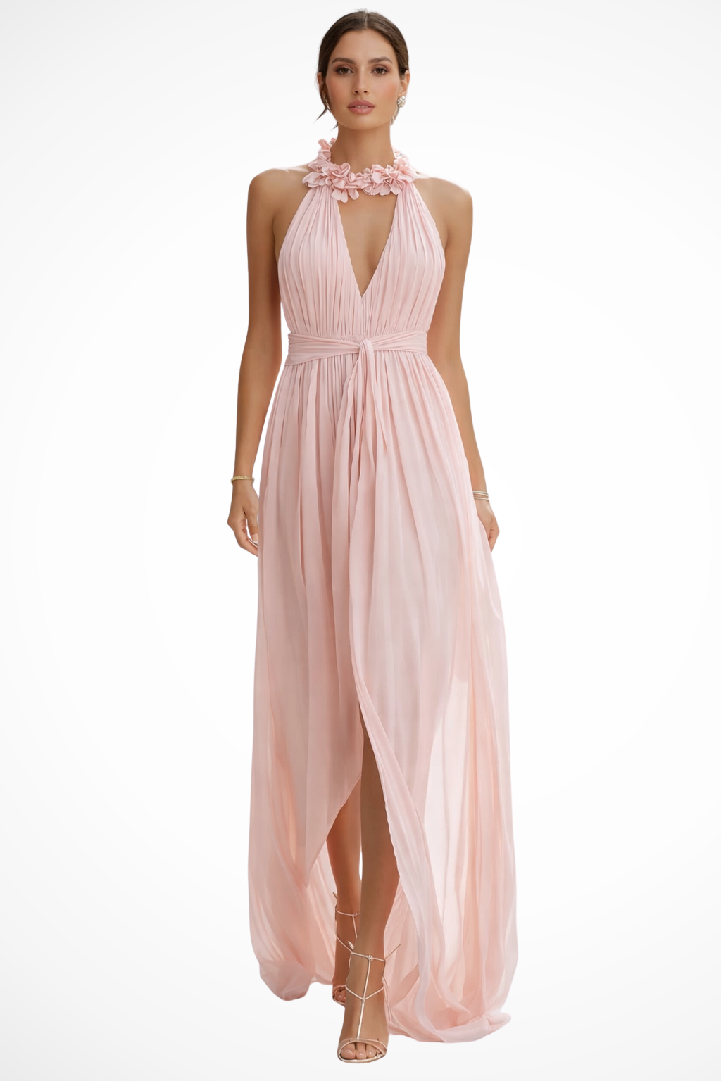 Women's Halter Neck Pleated Chiffon Maxi Dress – Elegant Occasion Style