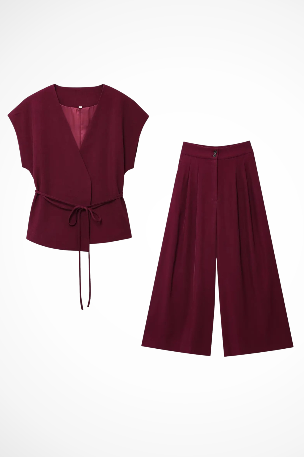 Women's Belted Wrap Top and Wide Leg Linen Trousers Set – Elegant Style