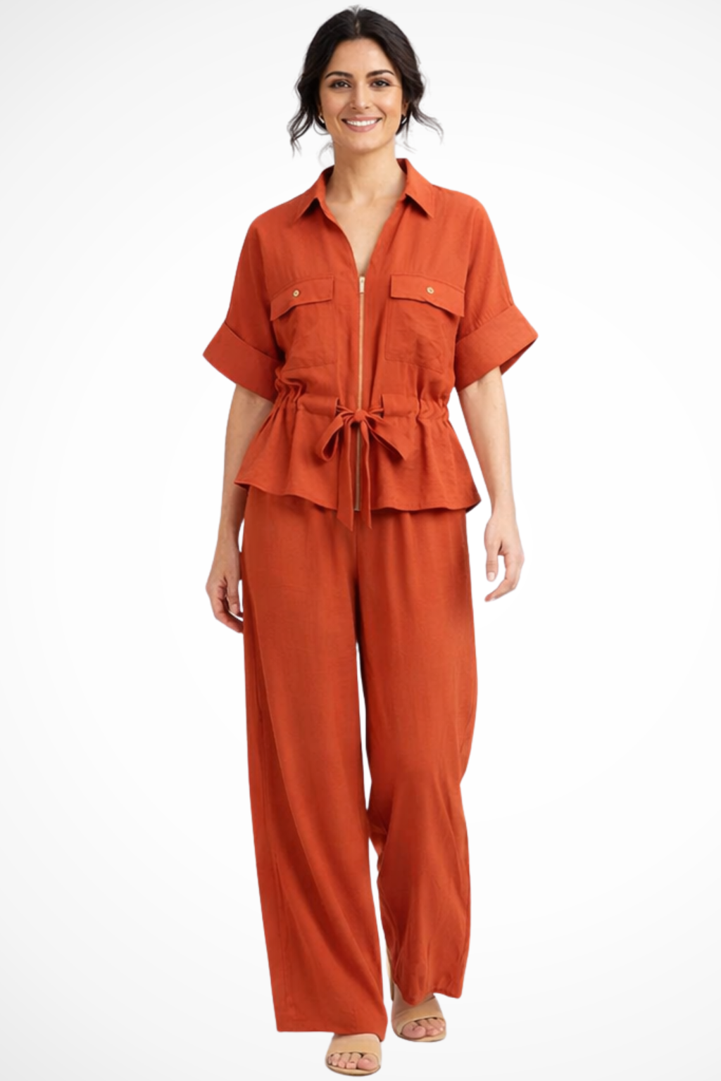 Women's Tie Front Shirt and Wide Leg Trousers Set – Elegant Style