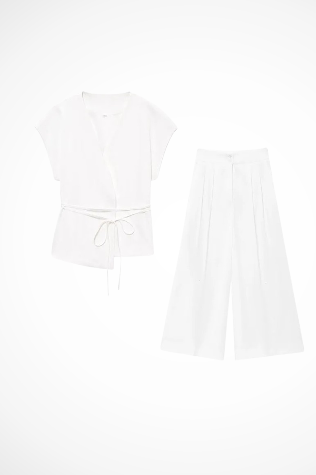 Women's Belted Wrap Top and Wide Leg Linen Trousers Set – Elegant Style