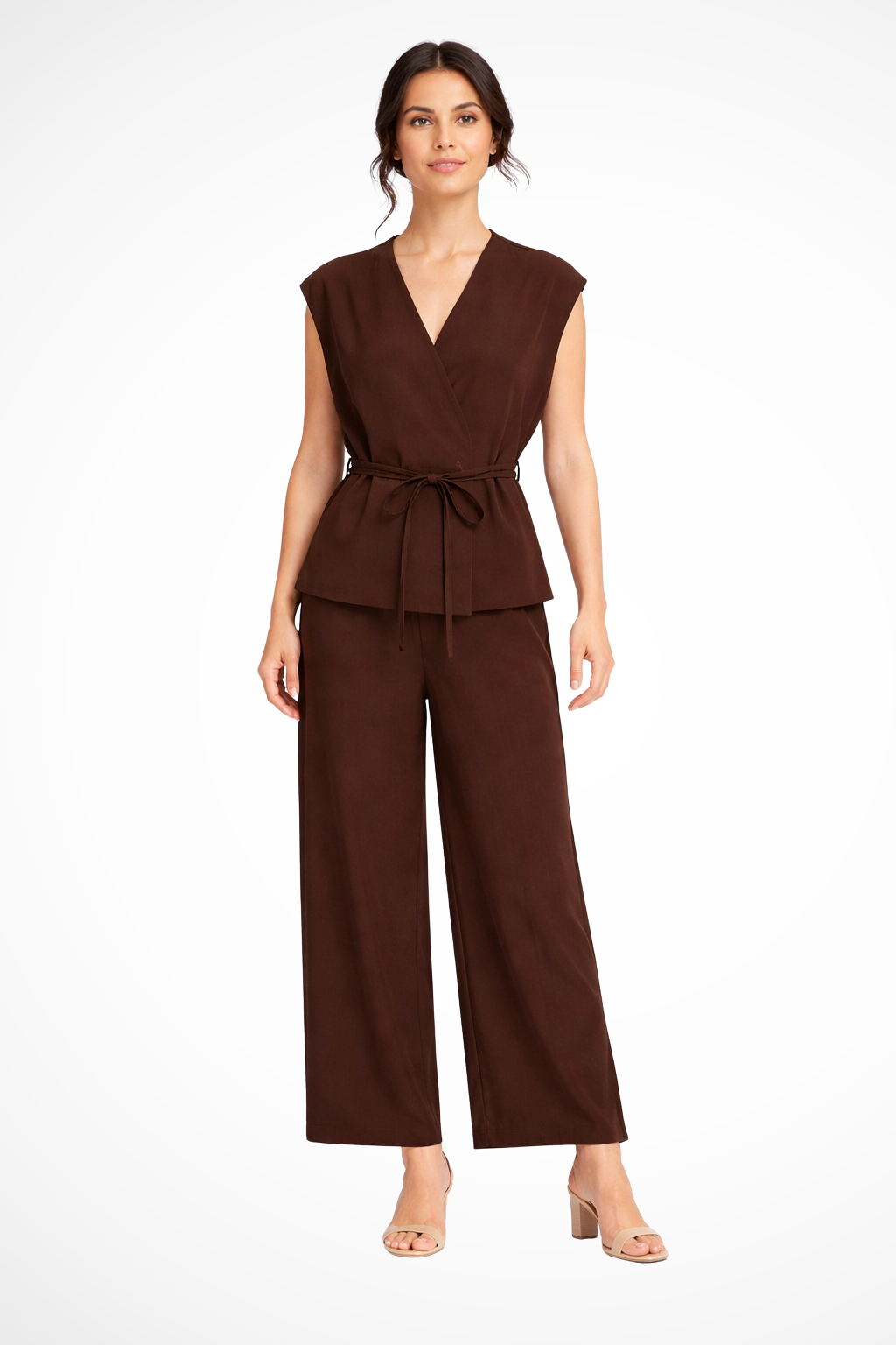 Women's Belted Wrap Top and Wide Leg Linen Trousers Set – Elegant Style