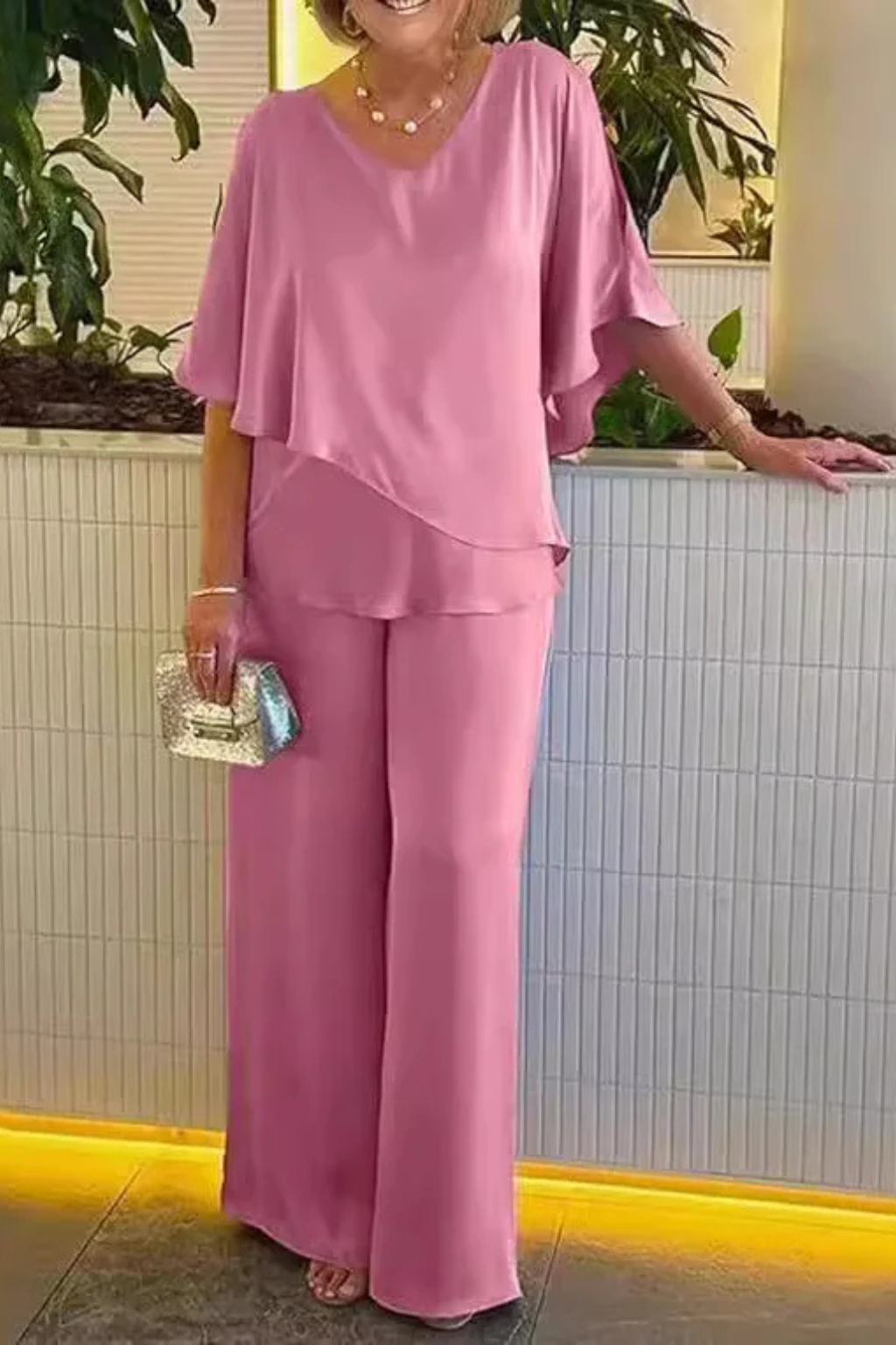 Women's Batwing Sleeve Two-Piece Set – V-Neck Wide Leg Style