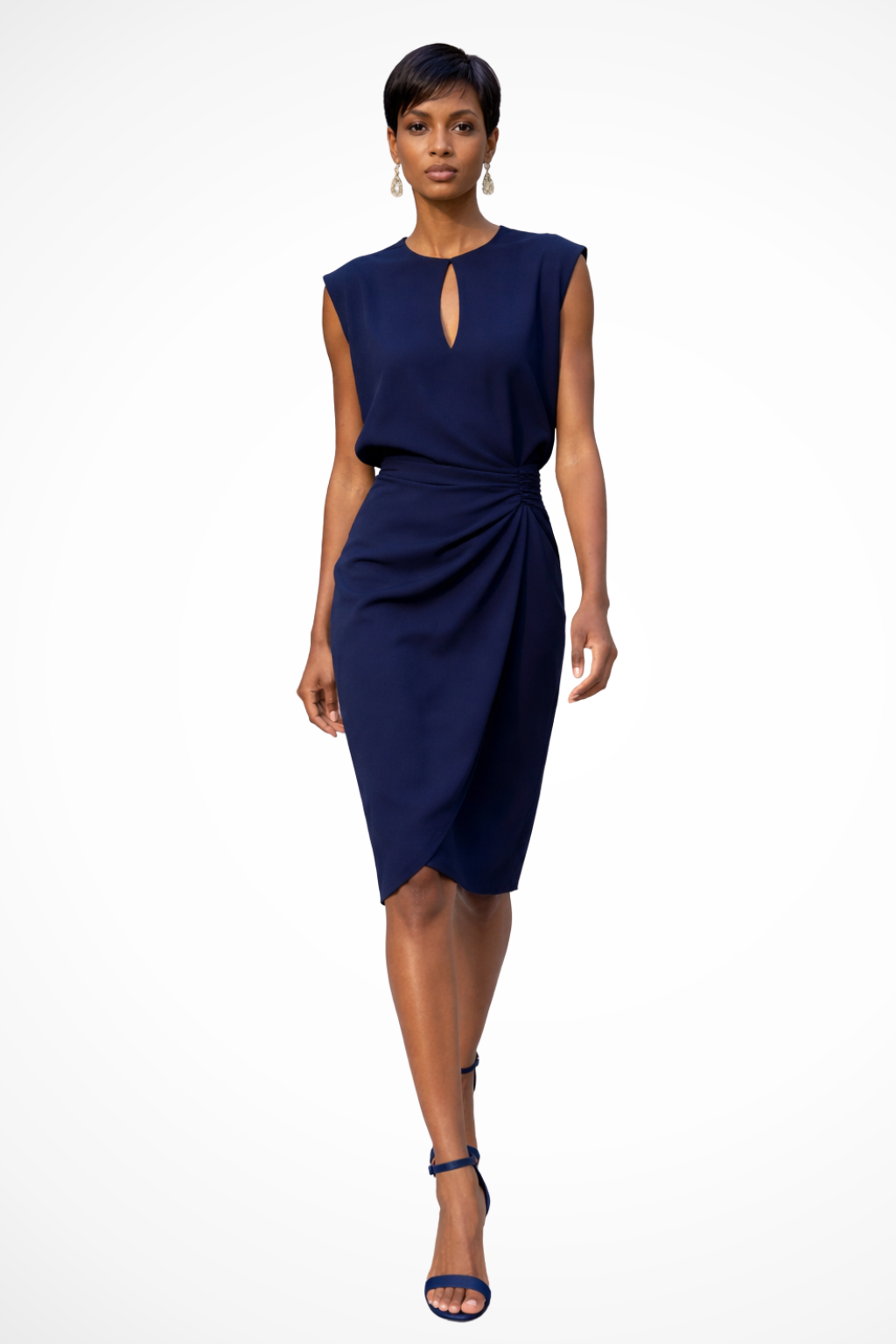 Women's Ruched Wrap Midi Dress – Elegant Cap Sleeve Style