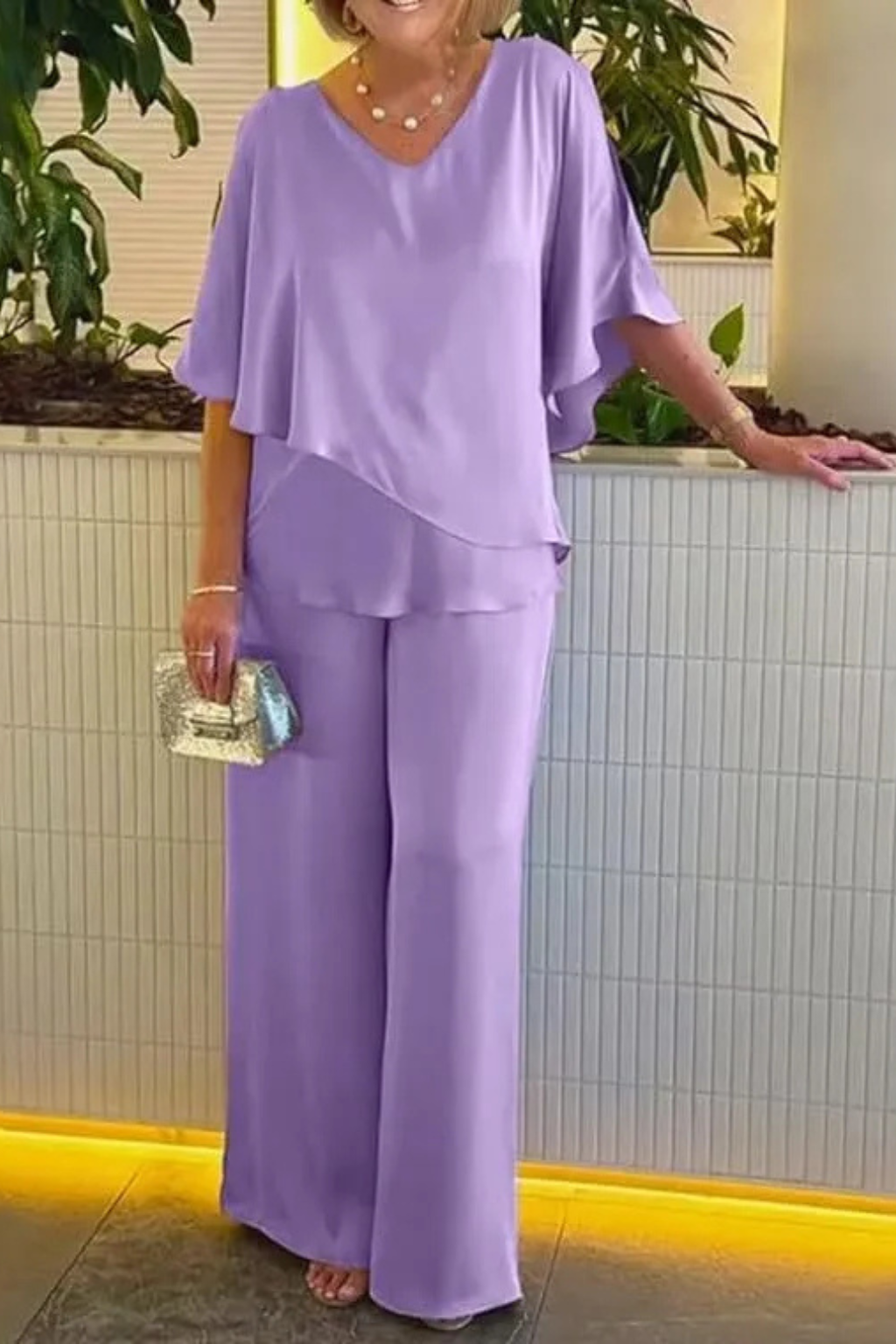Women's Batwing Sleeve Two-Piece Set – V-Neck Wide Leg Style
