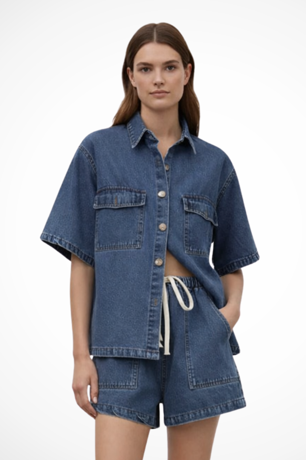 Women's Denim Shirt and Drawstring Shorts Set – Casual Summer Style