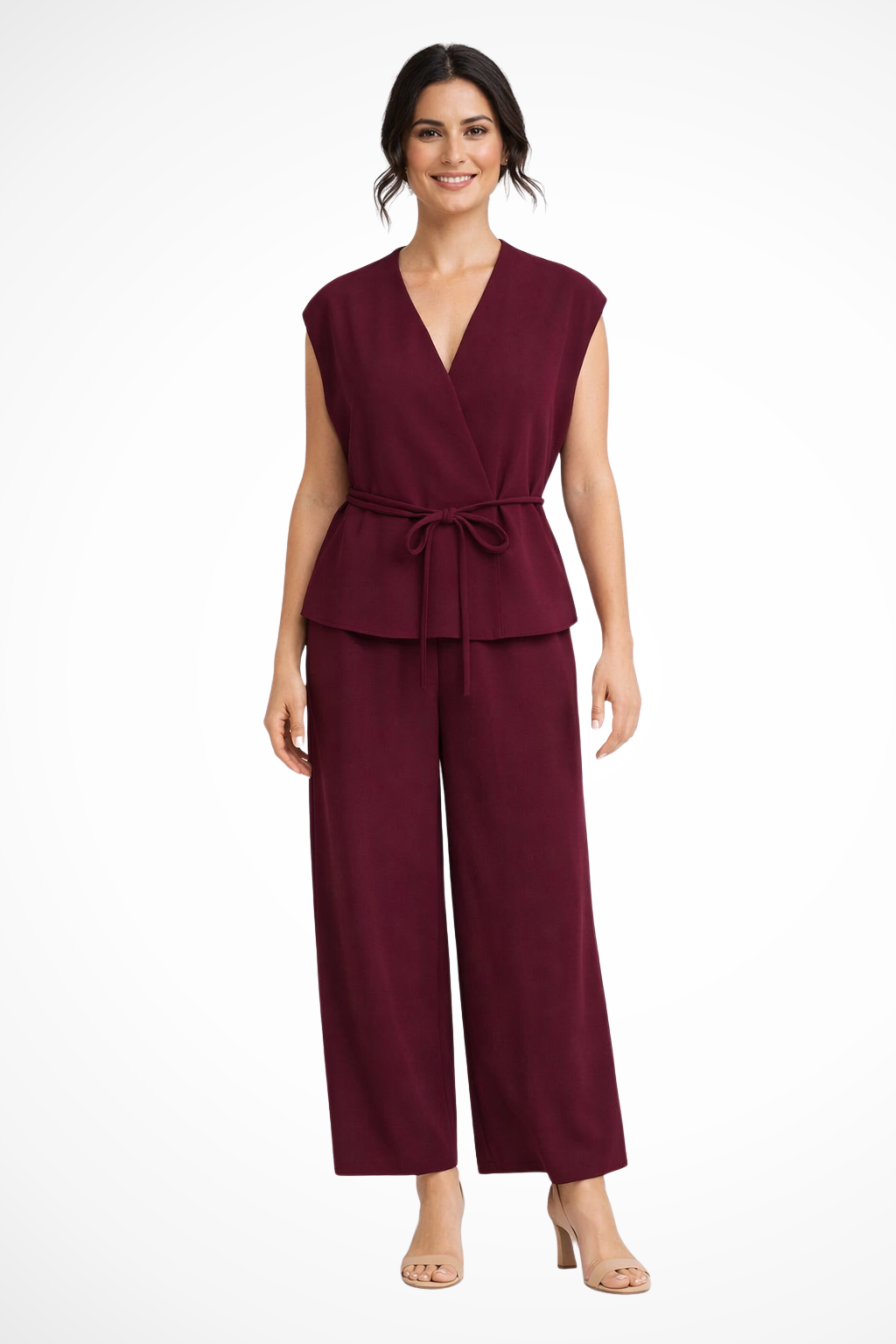 Women's Belted Wrap Top and Wide Leg Linen Trousers Set – Elegant Style