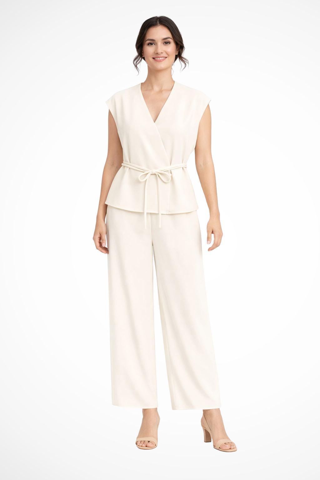 Women's Belted Wrap Top and Wide Leg Linen Trousers Set – Elegant Style
