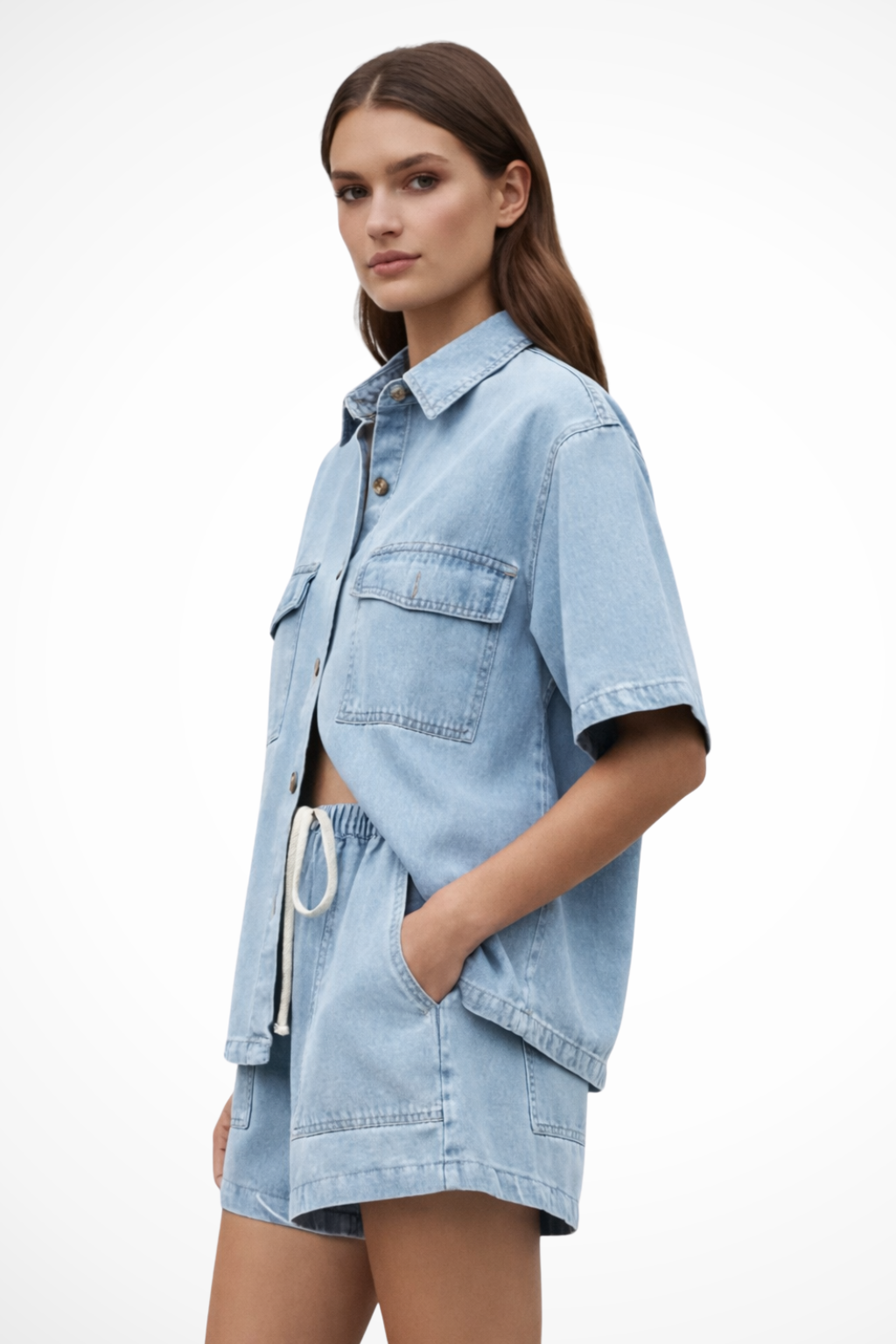 Women's Denim Shirt and Drawstring Shorts Set – Casual Summer Style