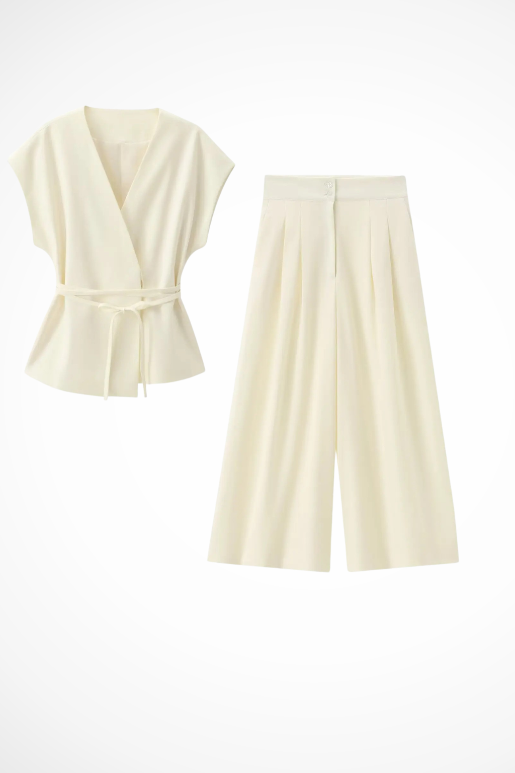Women's Belted Wrap Top and Wide Leg Linen Trousers Set – Elegant Style