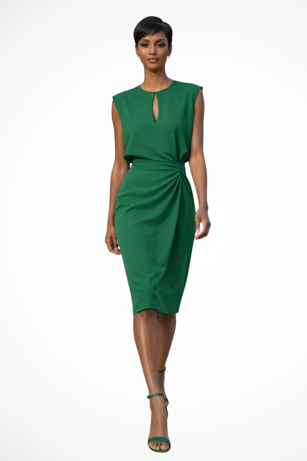 Women's Ruched Wrap Midi Dress – Elegant Cap Sleeve Style