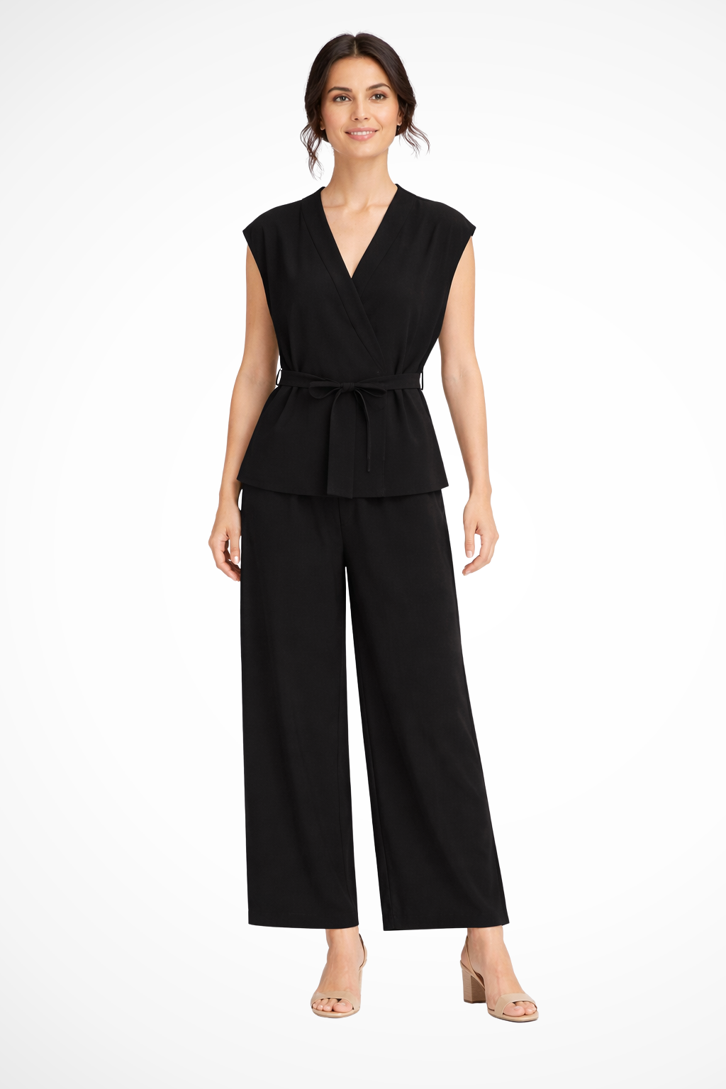 Women's Belted Wrap Top and Wide Leg Linen Trousers Set – Elegant Style