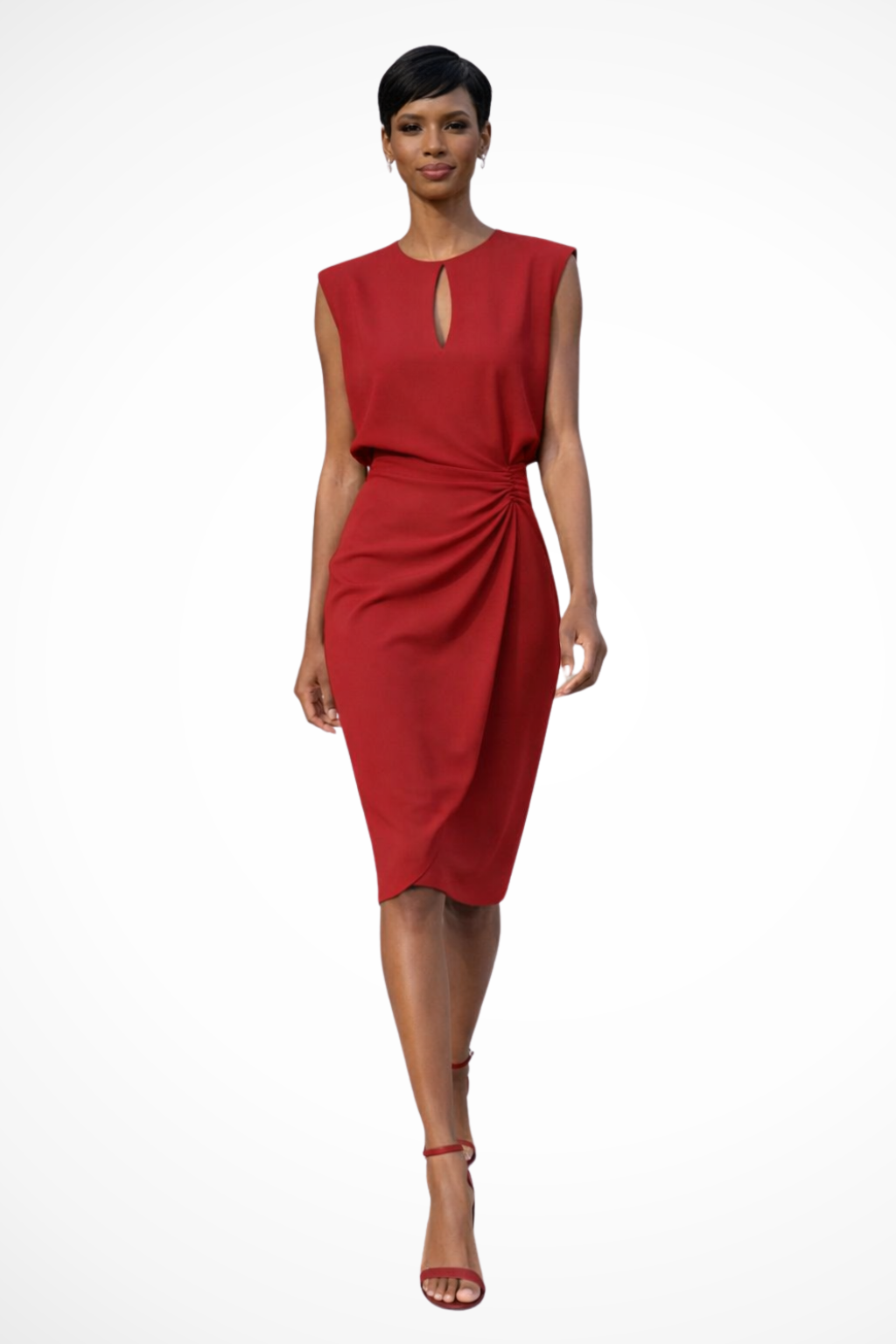 Women's Ruched Wrap Midi Dress – Elegant Cap Sleeve Style