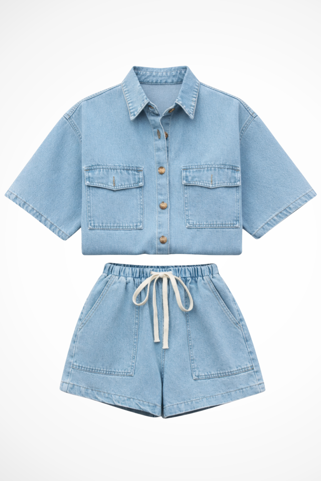 Women's Denim Shirt and Drawstring Shorts Set – Casual Summer Style