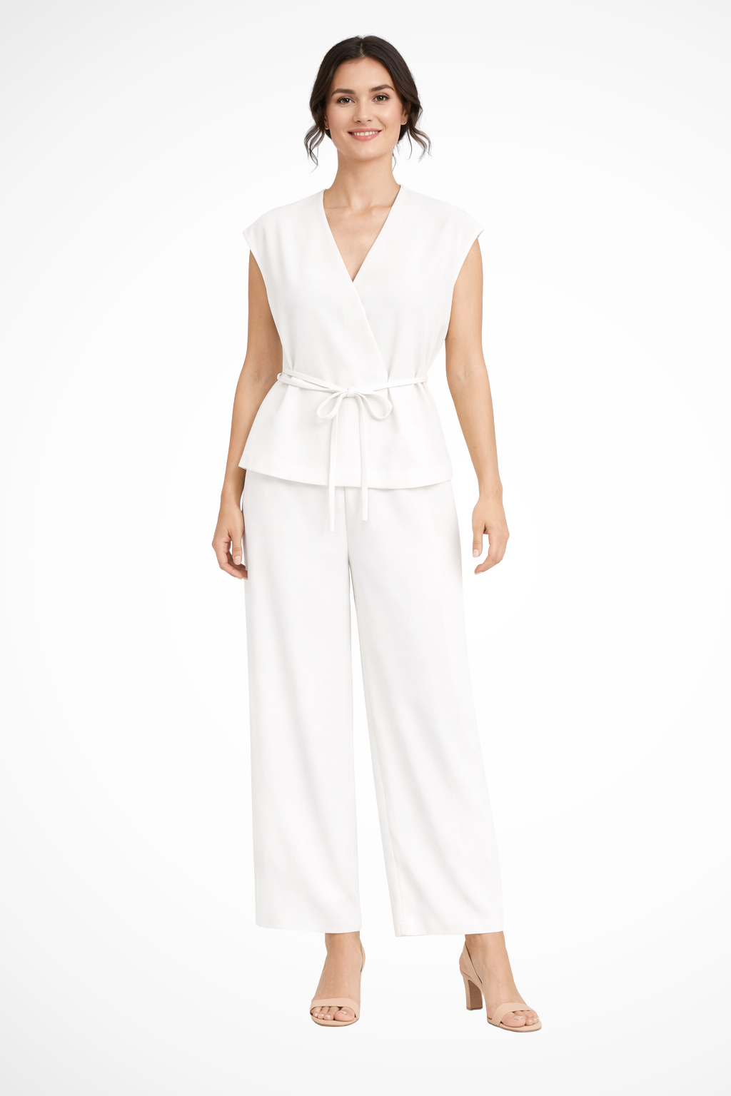 Women's Belted Wrap Top and Wide Leg Linen Trousers Set – Elegant Style