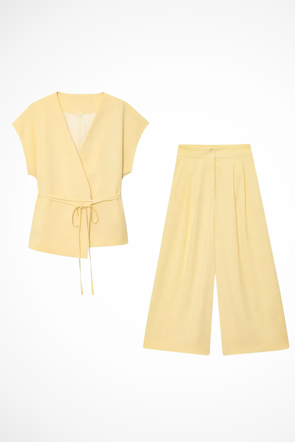 Women's Belted Wrap Top and Wide Leg Linen Trousers Set – Elegant Style