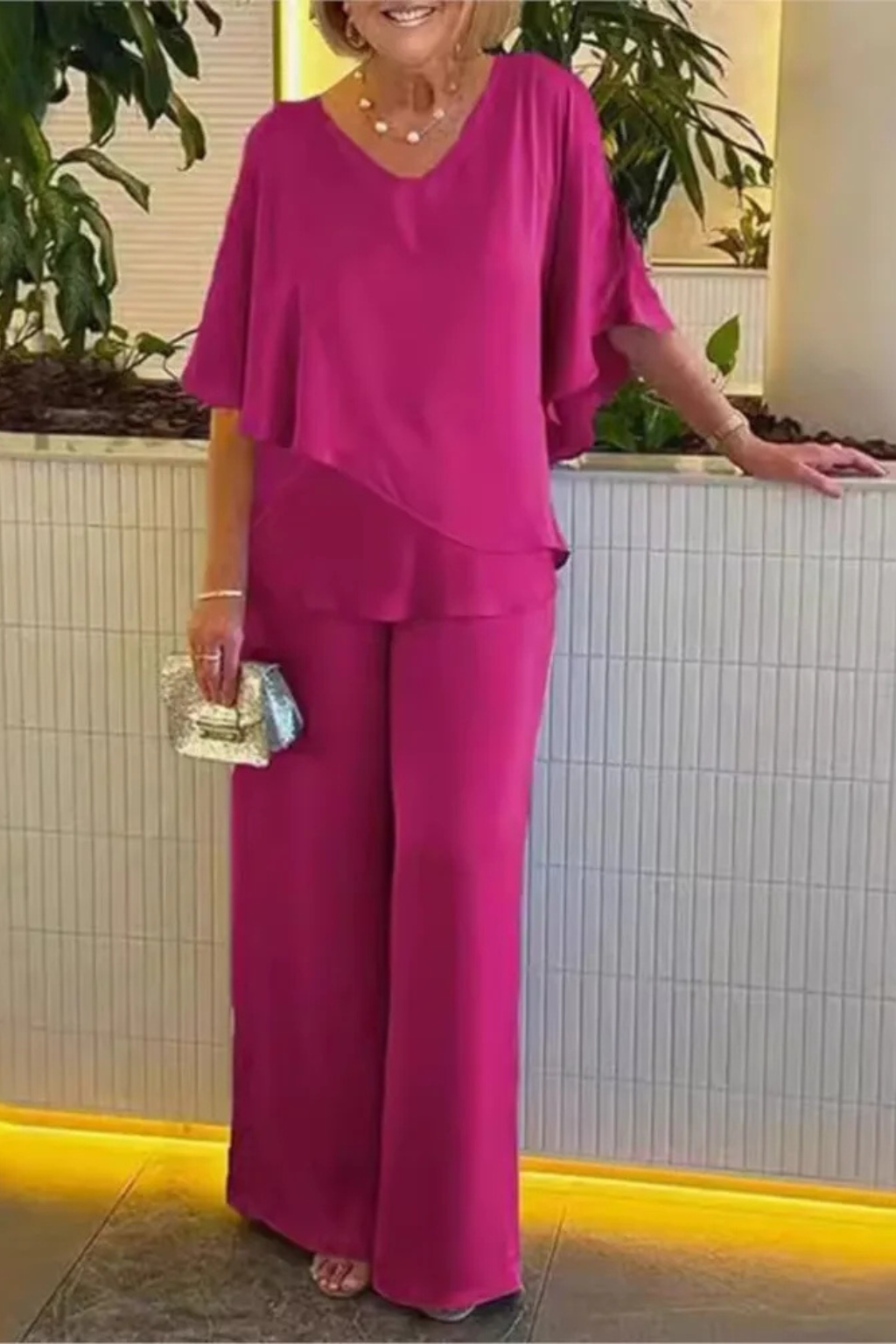 Women's Batwing Sleeve Two-Piece Set – V-Neck Wide Leg Style