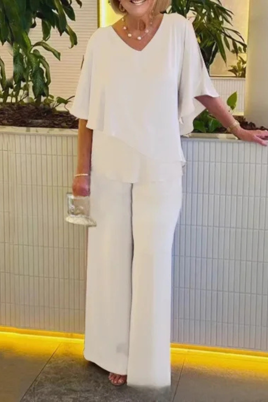 Women's Batwing Sleeve Two-Piece Set – V-Neck Wide Leg Style