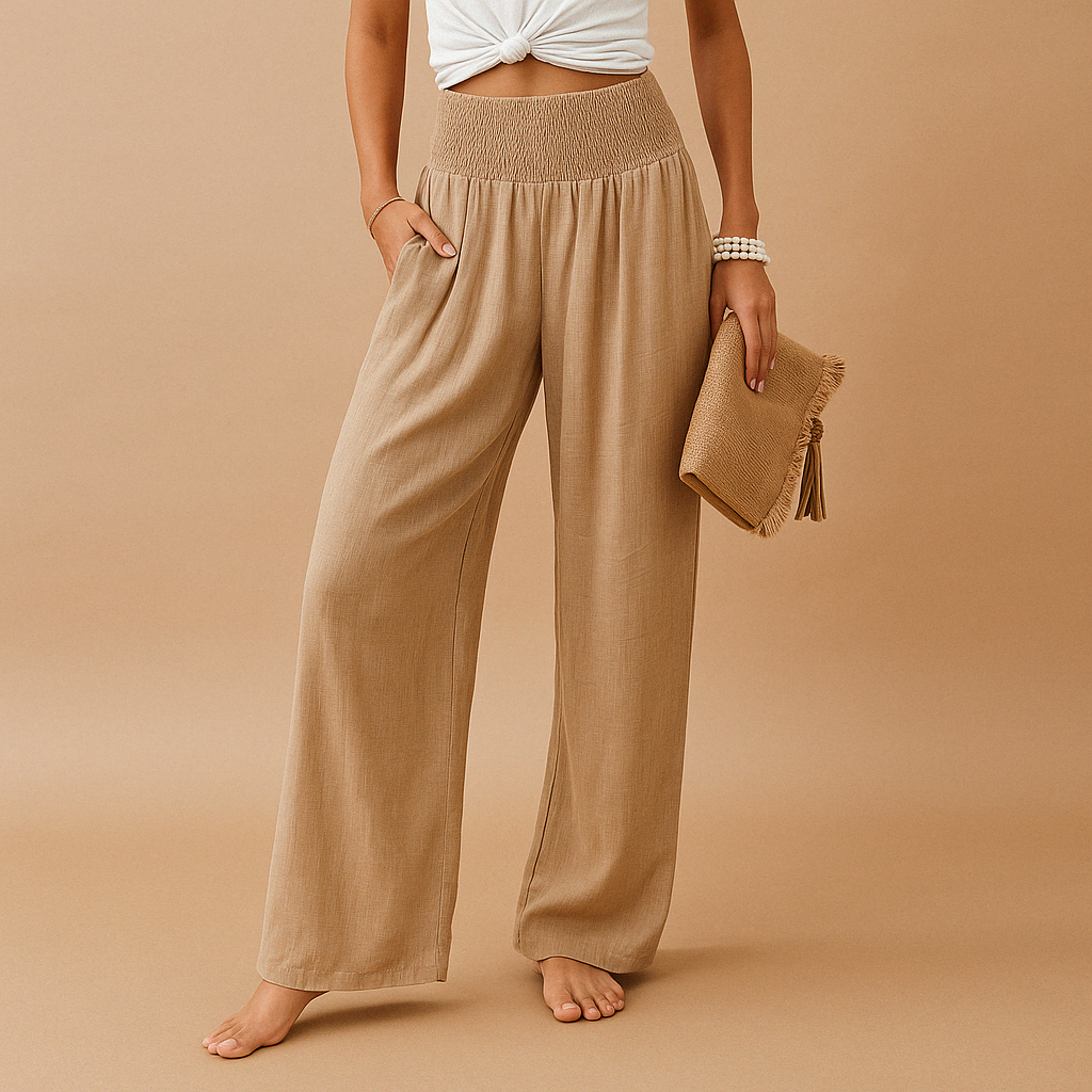 Women's High-Waist Linen Pants – Elegant Elastic Waist Casual Wide Leg