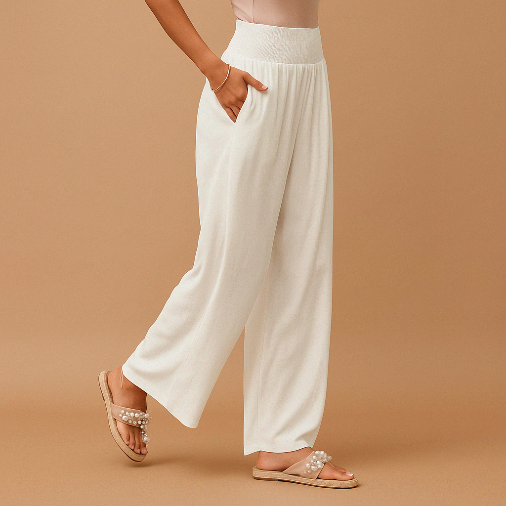 Women's High-Waist Linen Pants – Elegant Elastic Waist Casual Wide Leg