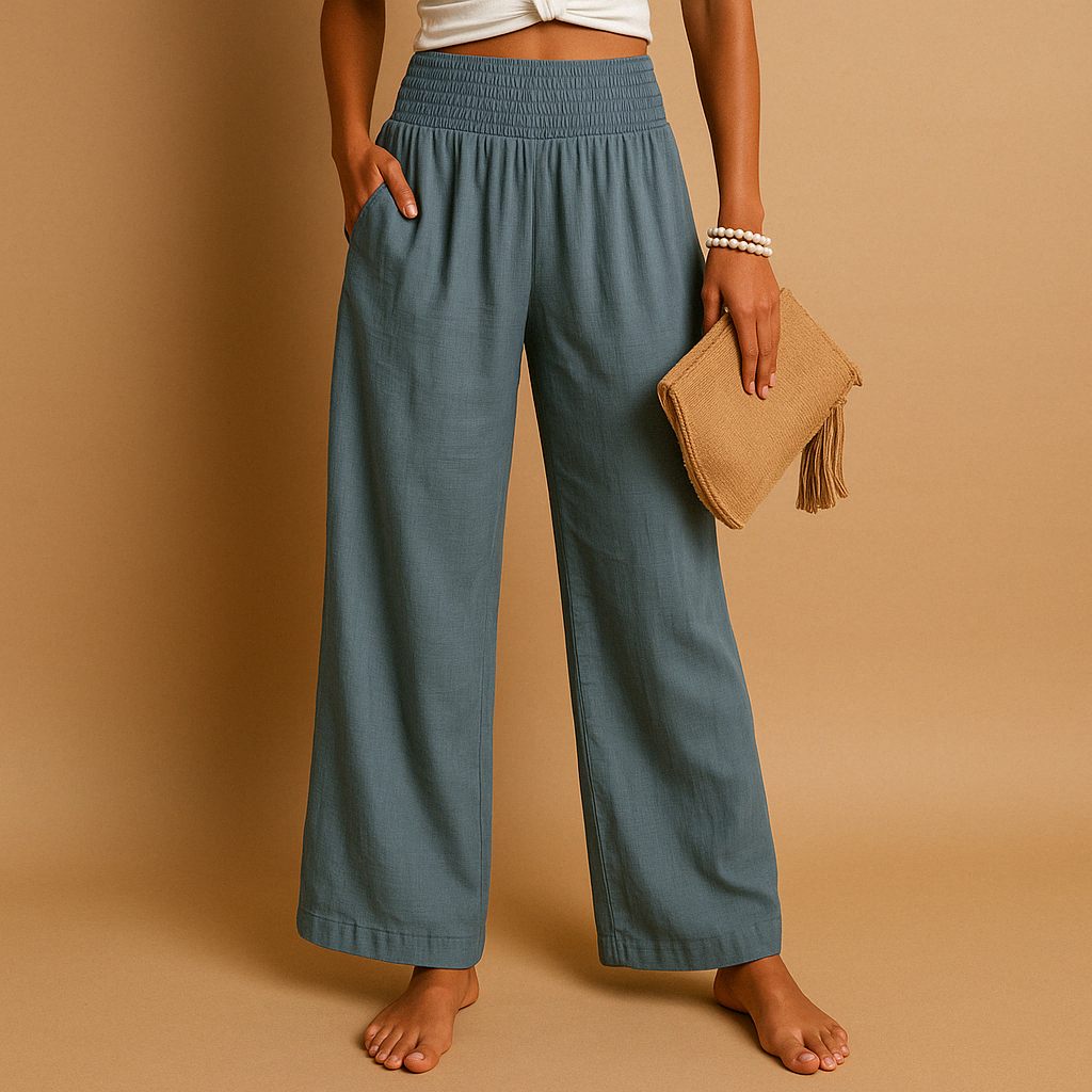 Women's High-Waist Linen Pants – Elegant Elastic Waist Casual Wide Leg