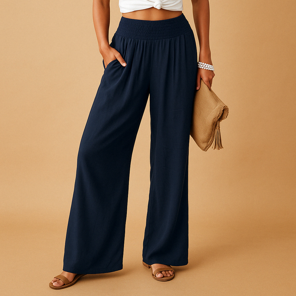 Women's High-Waist Linen Pants – Elegant Elastic Waist Casual Wide Leg