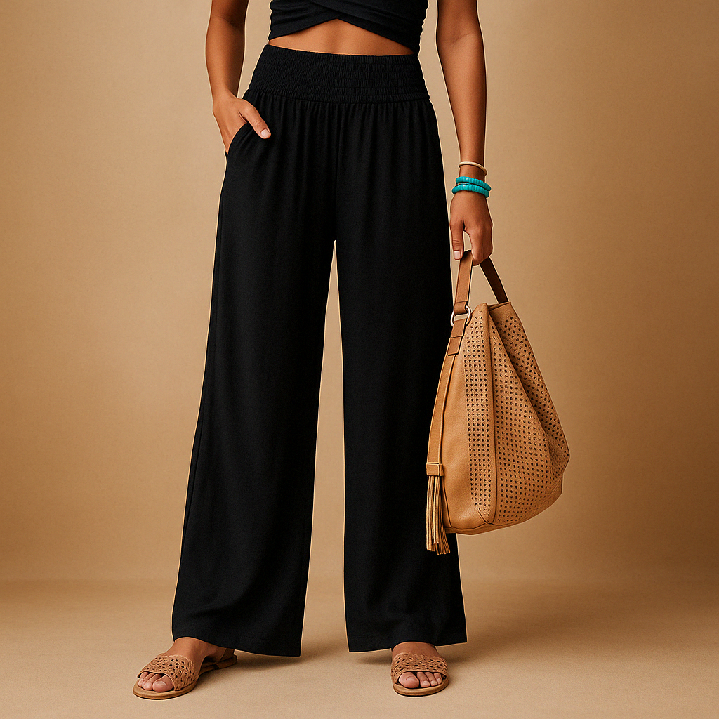Women's High-Waist Linen Pants – Elegant Elastic Waist Casual Wide Leg