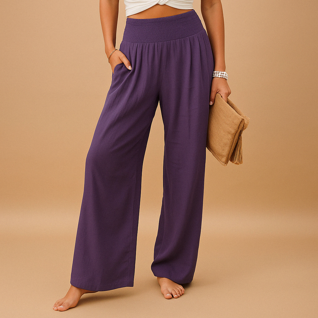 Women's High-Waist Linen Pants – Elegant Elastic Waist Casual Wide Leg