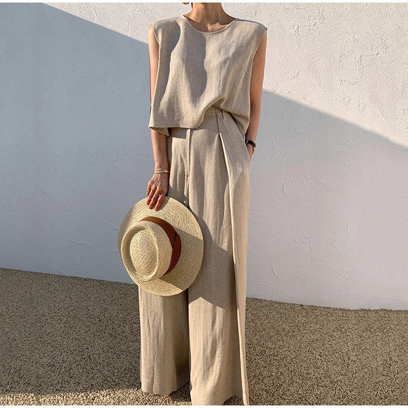 Women's Linen Set – Wide Leg Pants and Crew Neck Summer Style