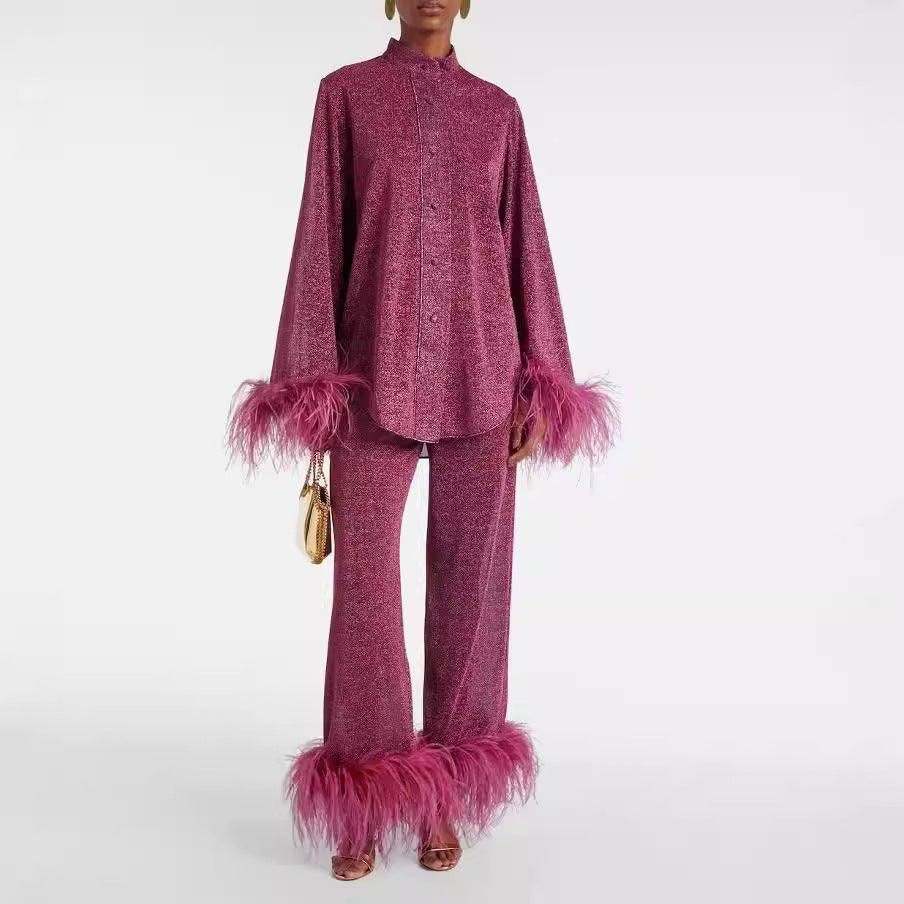 Women's Feather Collar Two-Piece Set – Elegant Relaxed Statement Style