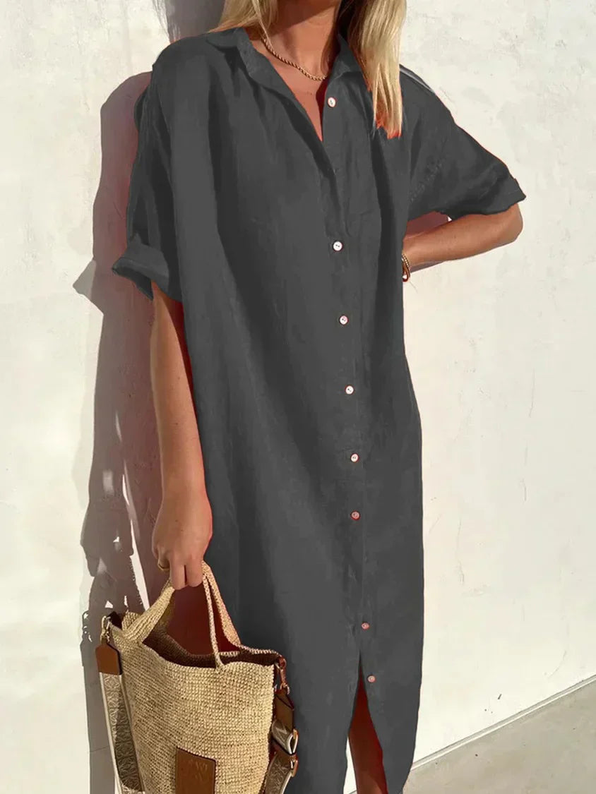 Women's Cotton Linen Button-Down Dress – Wide Sleeve Casual Elegance