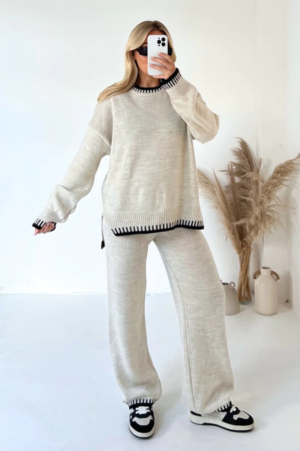 Women's Contrast Trim Knit Lounge Set – Cozy Two-Piece Style