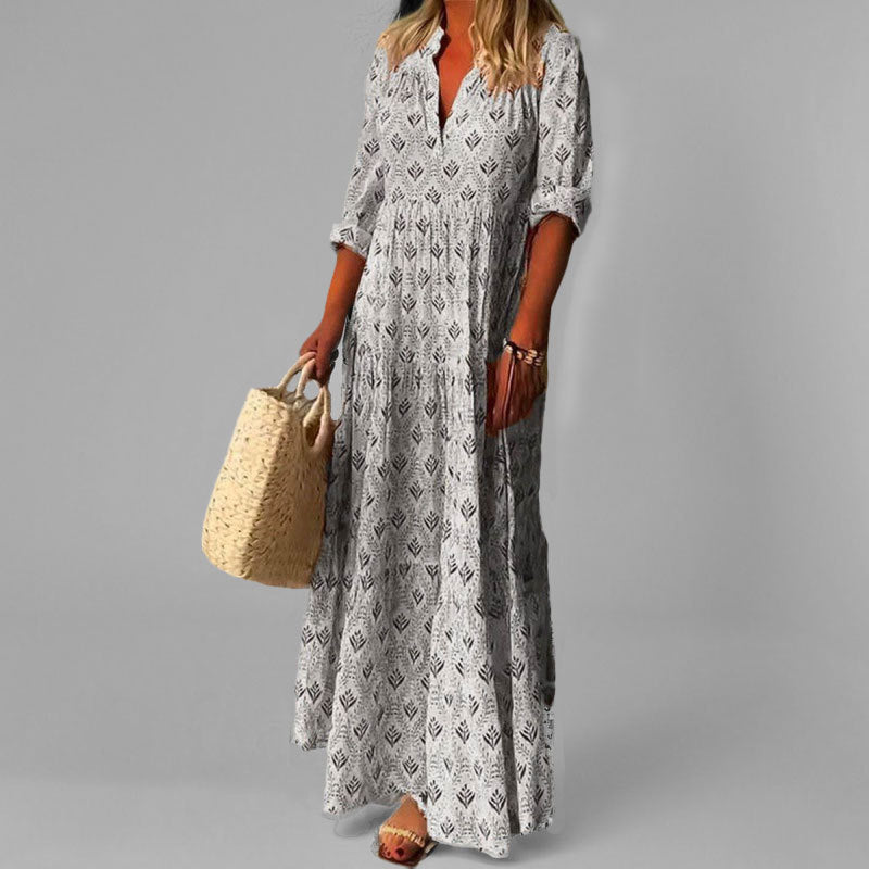 Women's Vintage Print Cotton Maxi Dress – Lightweight V-Neck 3/4 Sleeve Relaxed Fit