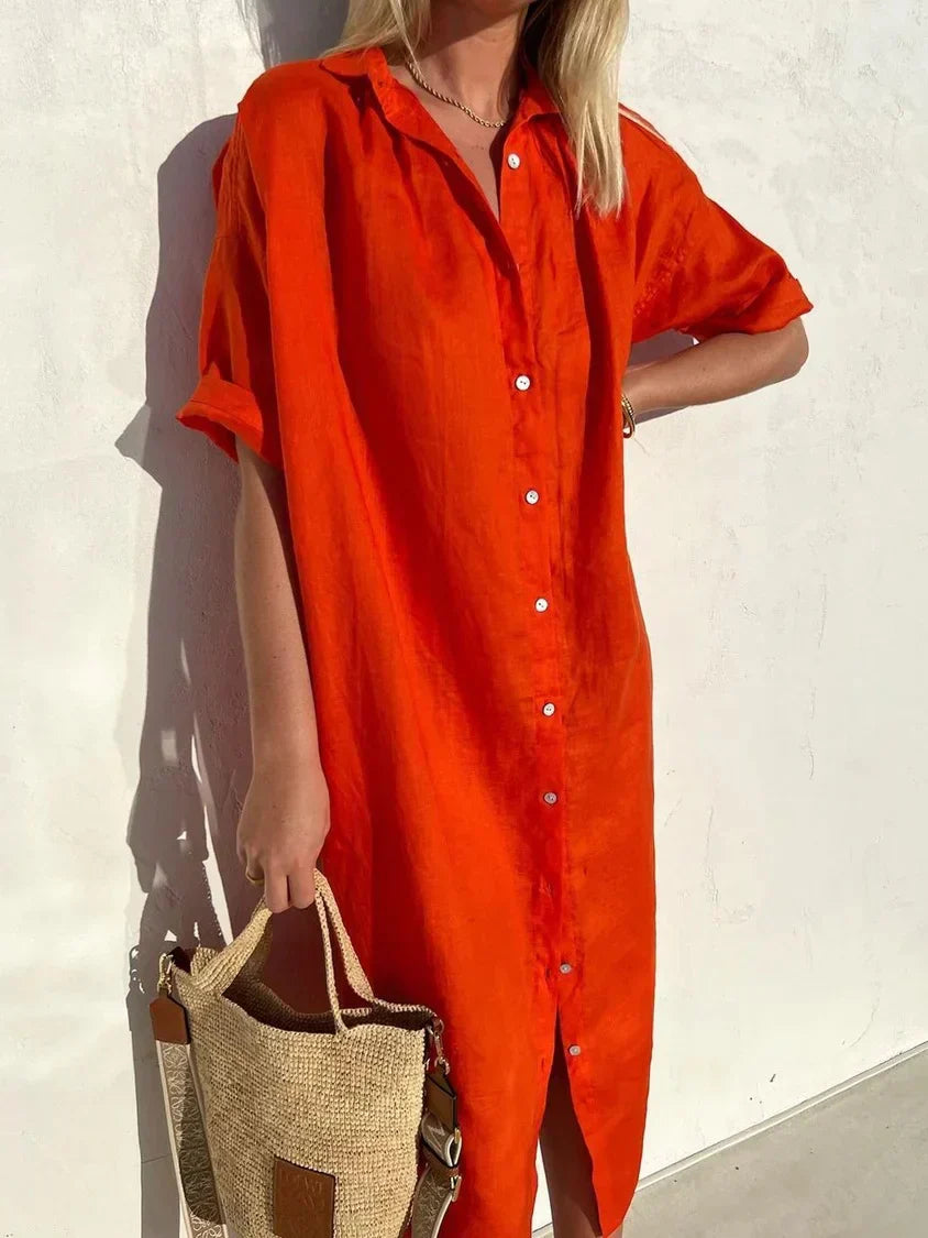 Women's Cotton Linen Button-Down Dress – Wide Sleeve Casual Elegance