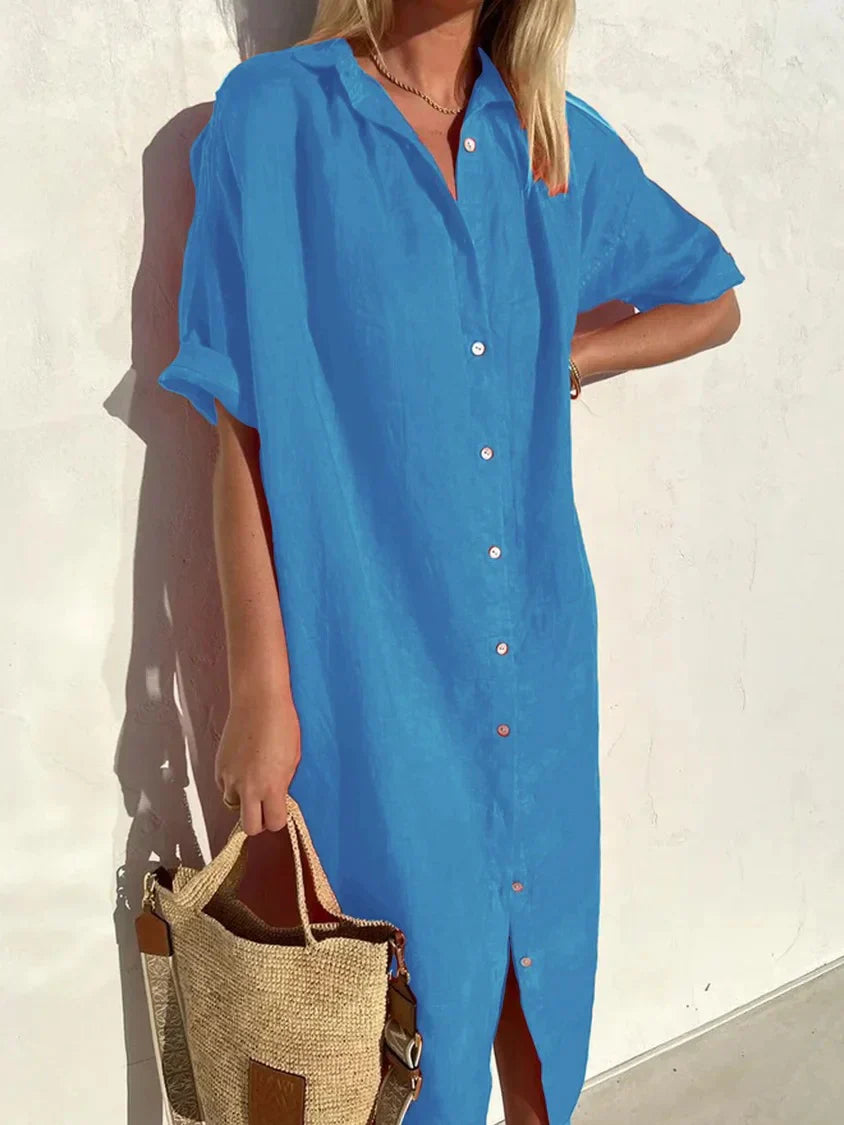 Women's Cotton Linen Button-Down Dress – Wide Sleeve Casual Elegance
