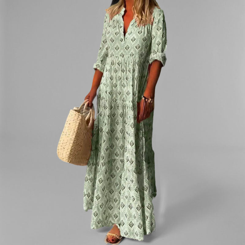 Women's Vintage Print Cotton Maxi Dress – Lightweight V-Neck 3/4 Sleeve Relaxed Fit