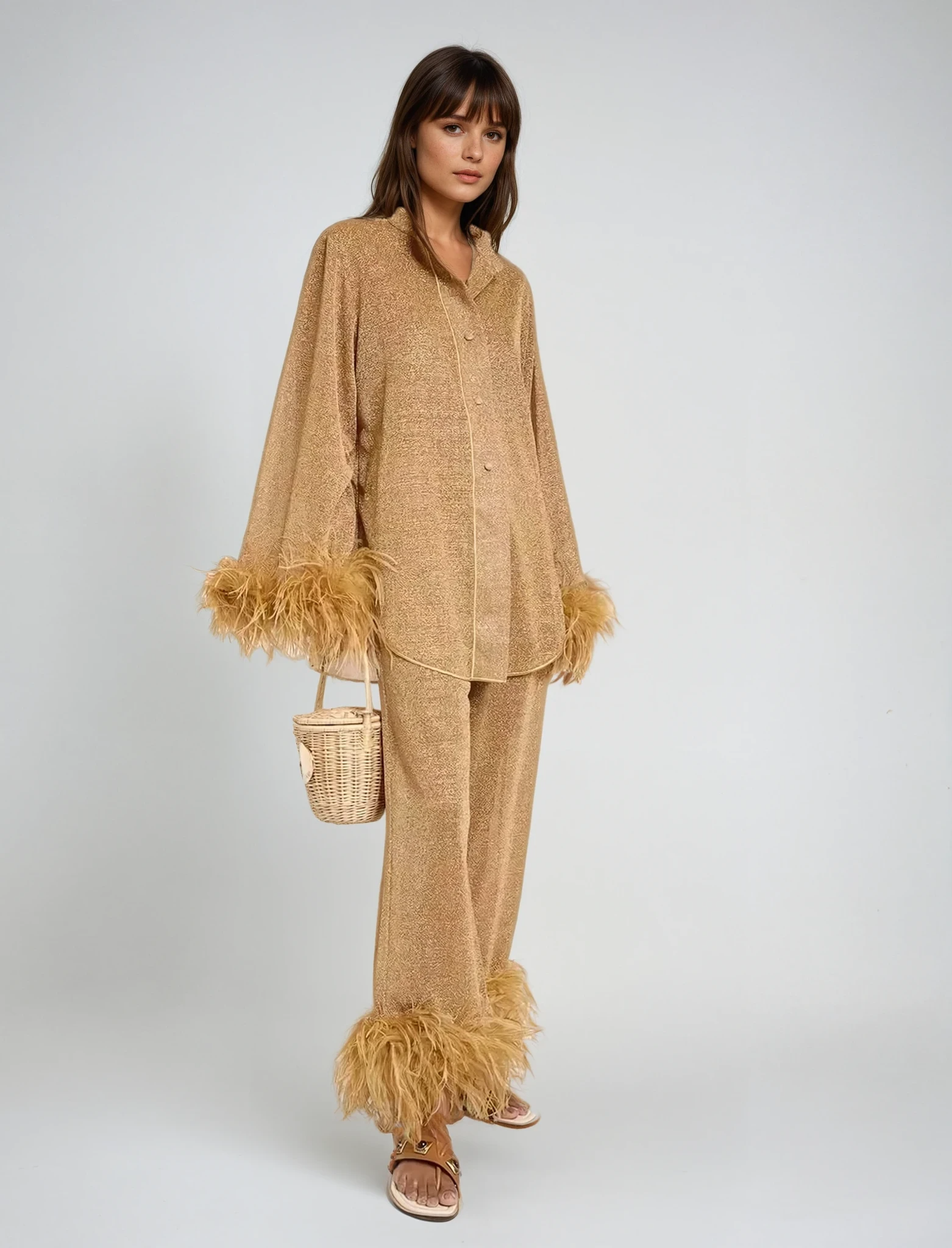 Women's Feather Collar Two-Piece Set – Elegant Relaxed Statement Style