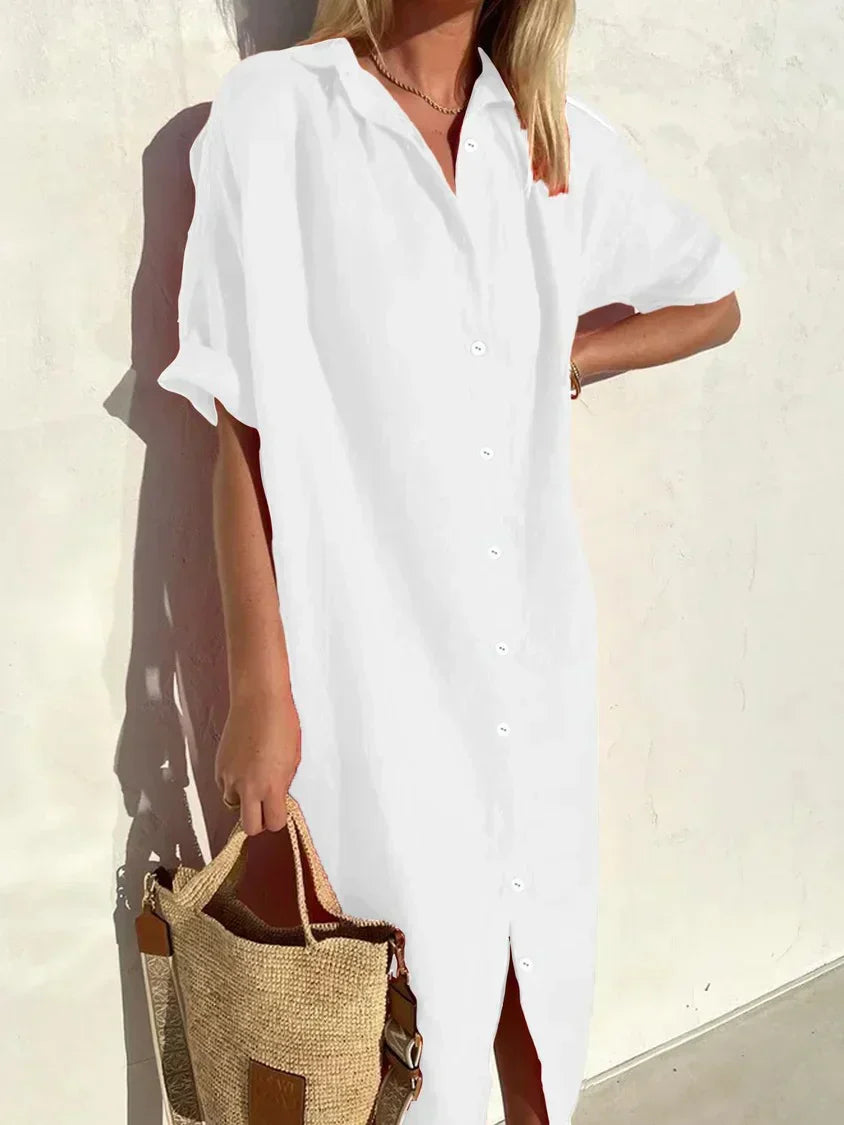 Women's Cotton Linen Button-Down Dress – Wide Sleeve Casual Elegance