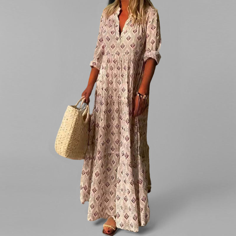 Women's Vintage Print Cotton Maxi Dress – Lightweight V-Neck 3/4 Sleeve Relaxed Fit