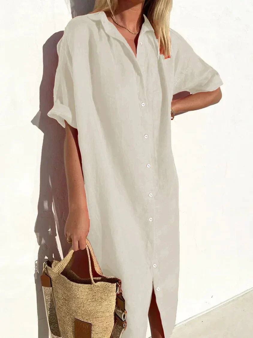 Women's Cotton Linen Button-Down Dress – Wide Sleeve Casual Elegance