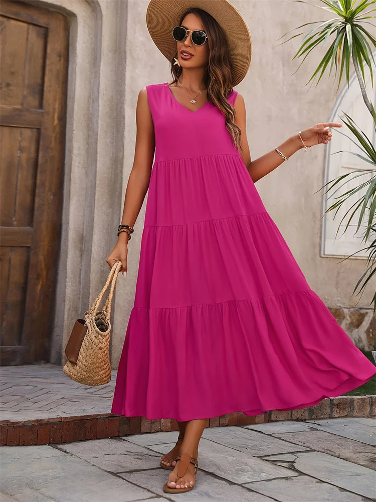 Women's Sleeveless Tiered Maxi Dress – Flowy Summer Style